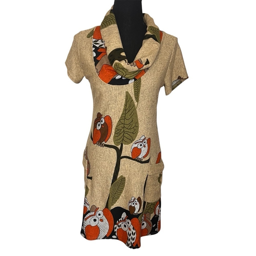 Purplish London Fun Owl Print Dress Pockets Sz S Cartoon Cowl Neck Short Sleeve